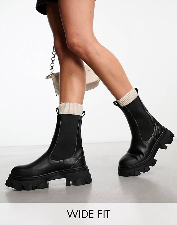 Public Desire Wide Fit Wonder chunky chelsea boots with contrast stitching in black